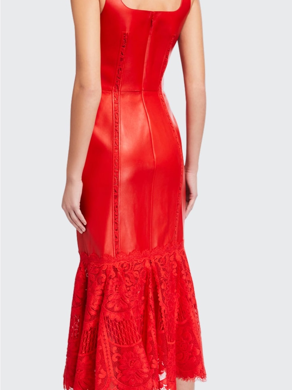 Alexander McQueen Lust Red Lace-Hem Leather Midi Dress - Picture 15 of 16